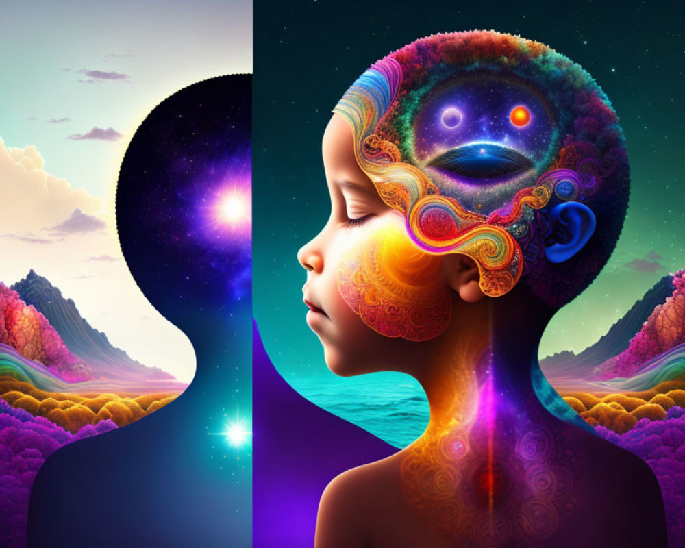 Surreal artwork: Silhouettes, cosmic child, psychedelic landscape