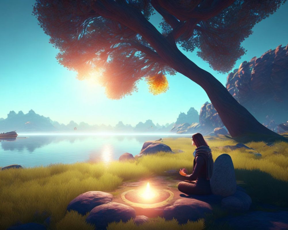 Person meditating by tree at serene lake at sunset