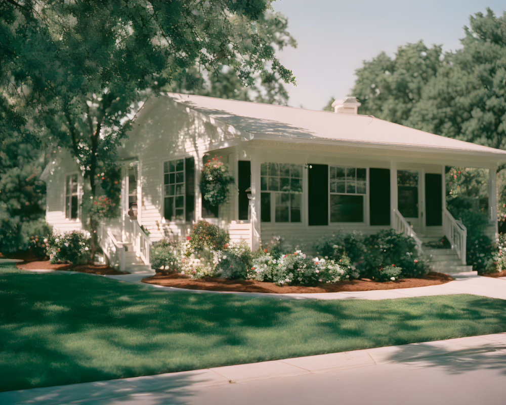 White House with Wrap-Around Porch in Lush Garden