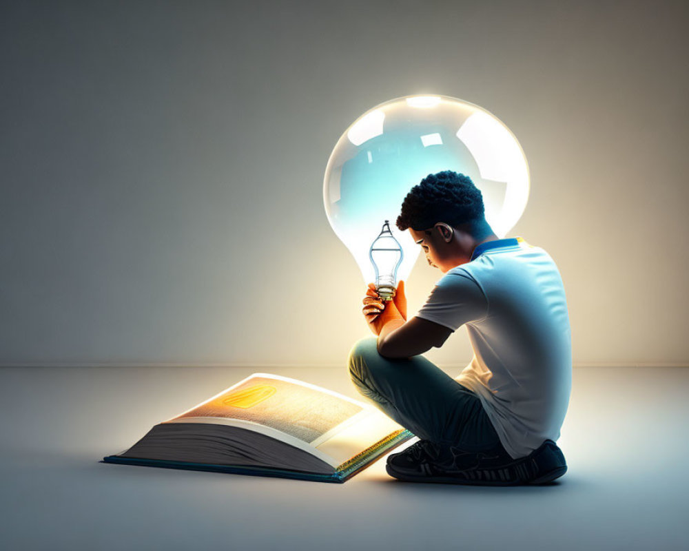 Person crouched with illuminated book and lightbulb, idea bubble above head