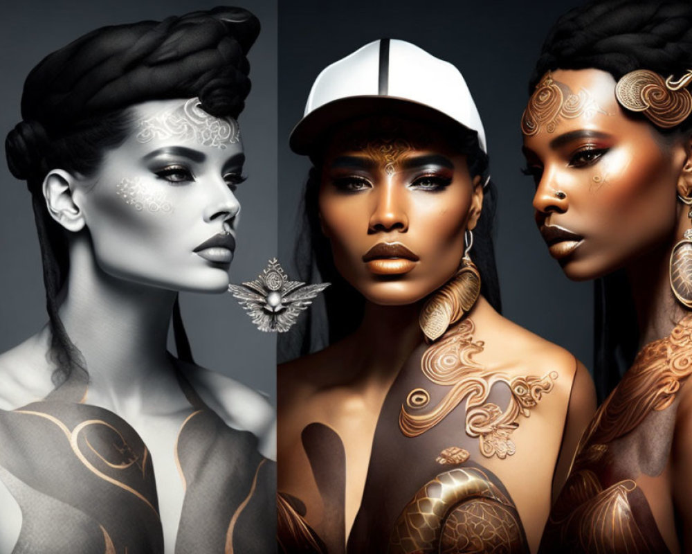 Artistic Makeup and Elaborate Hairstyles on Three Women with Striking Poses