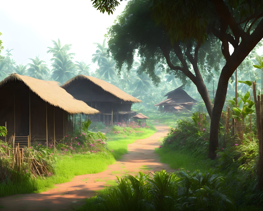Tranquil village path with thatched-roof huts in misty morning