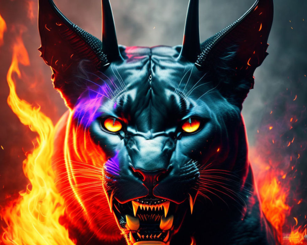 Mystical black panther digital artwork with red eyes and flaming mane