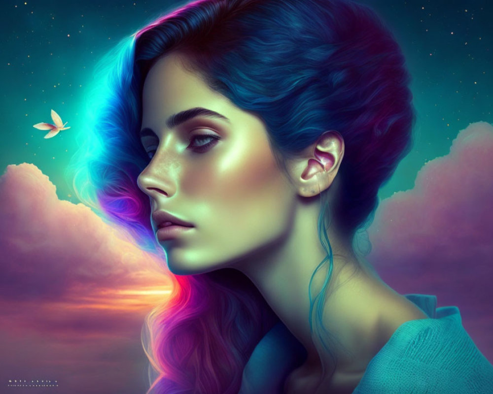 Digital Artwork: Woman with Rainbow Hair in Celestial Setting