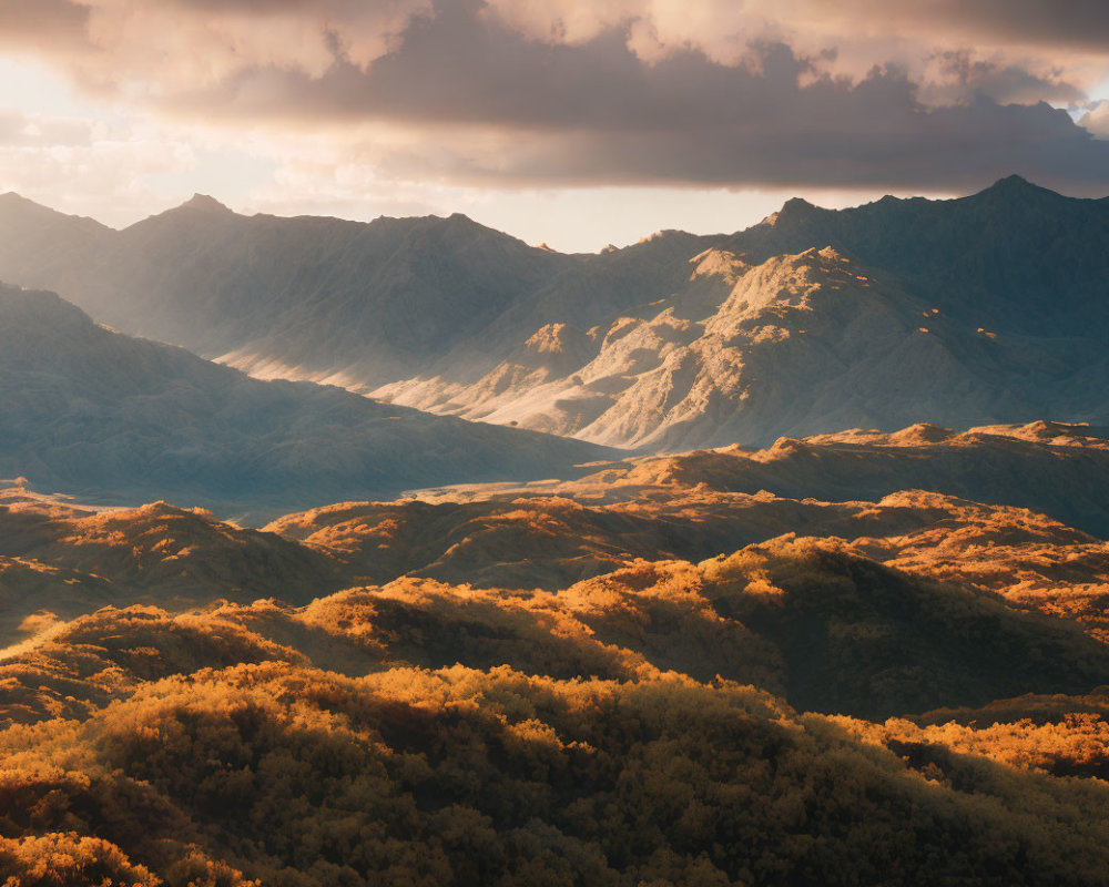Aerial View of Mountainous Landscape at Golden Hour