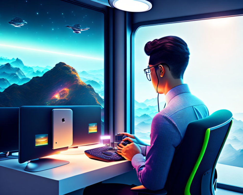 Futuristic dual monitor desk overlooking vibrant alien landscape