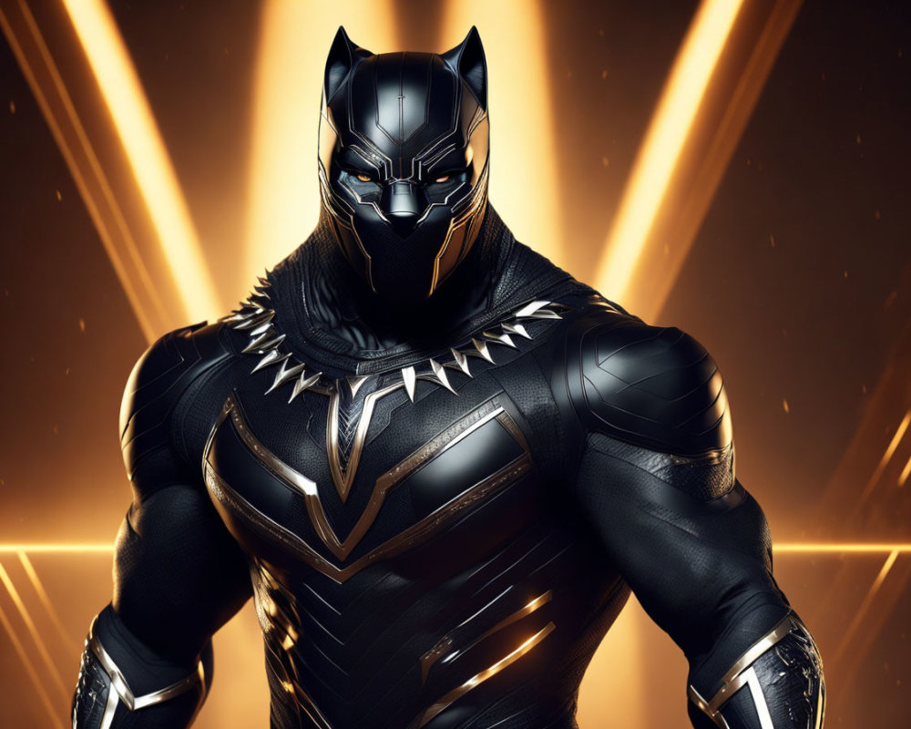 Person in Black Panther superhero costume against golden light beam background