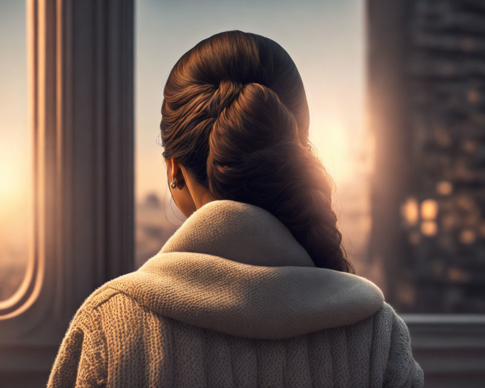 Braided Hairstyle Woman in Off-White Sweater Sunset View