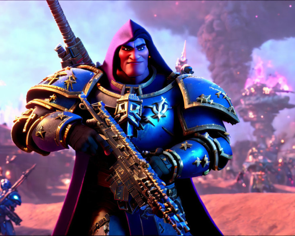 Stylized blue armored knight with futuristic gun in fantasy battle scene