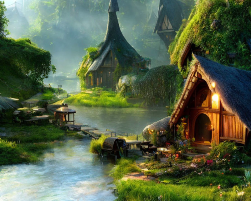 Tranquil Fantasy Village with Thatched-Roof Cottages