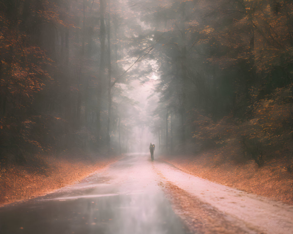 Solitary figure walking on misty, autumn road surrounded by trees