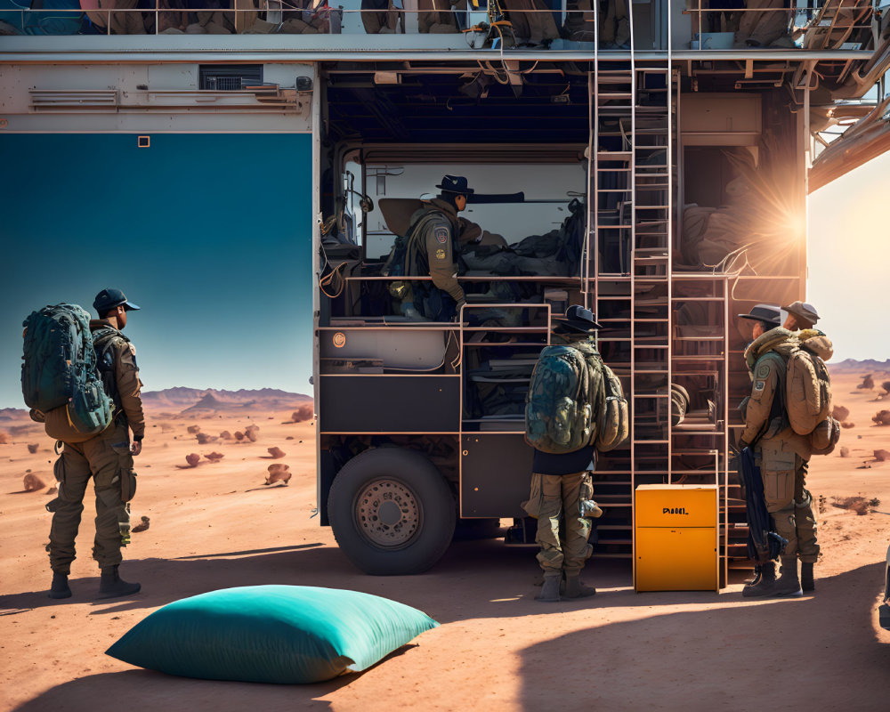 Soldiers in desert gear boarding military vehicle in sandy environment