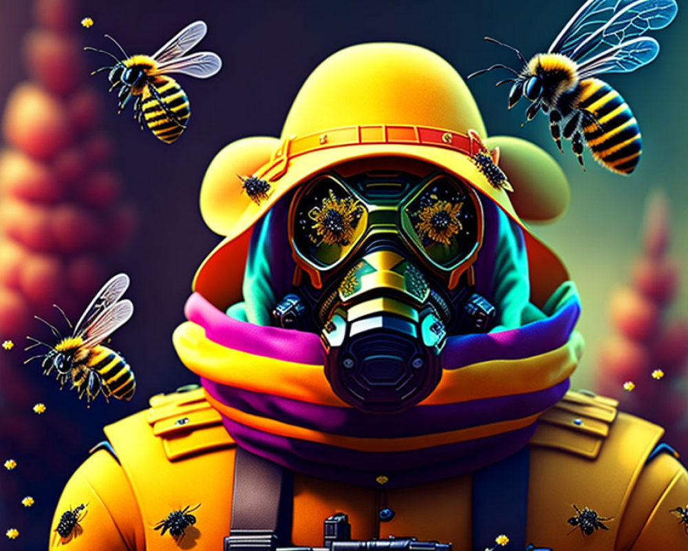 Illustration of person in yellow suit and gas mask with oversized bees on floral backdrop