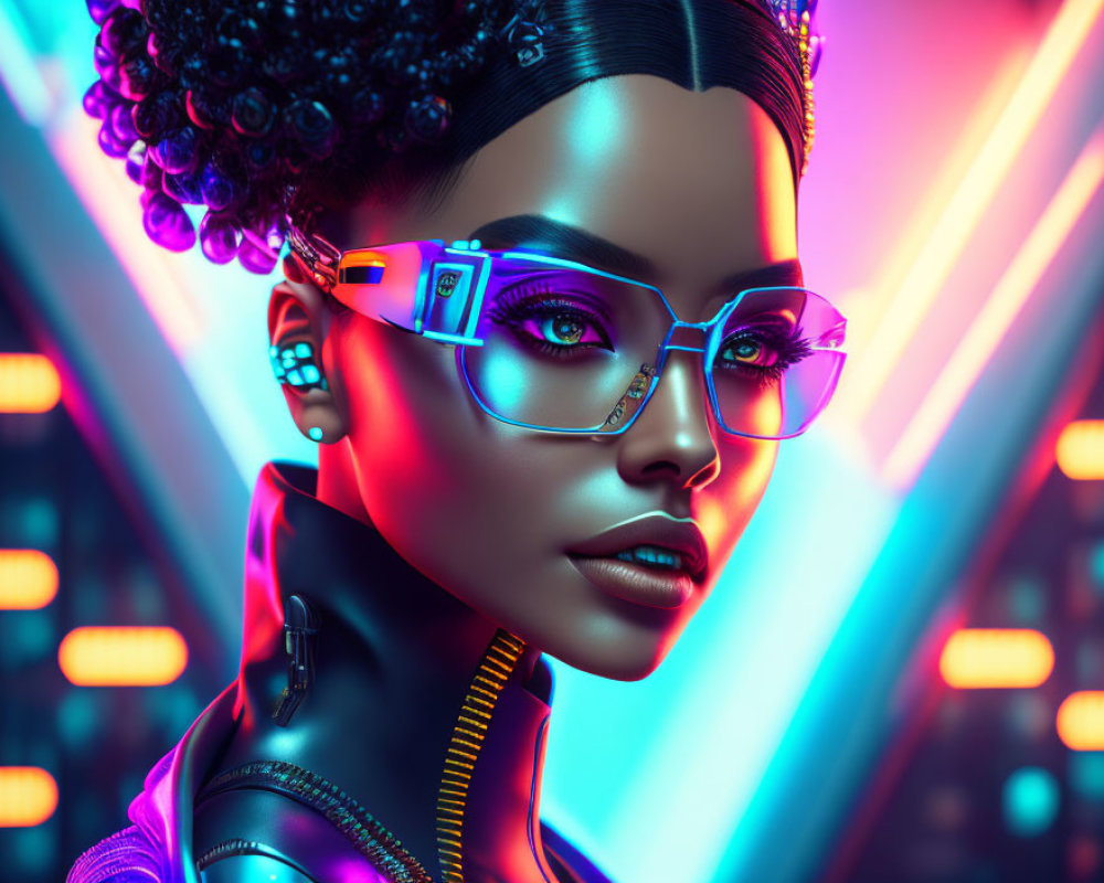 Futuristic 3D illustration of woman with glowing eyewear and afro hairstyle