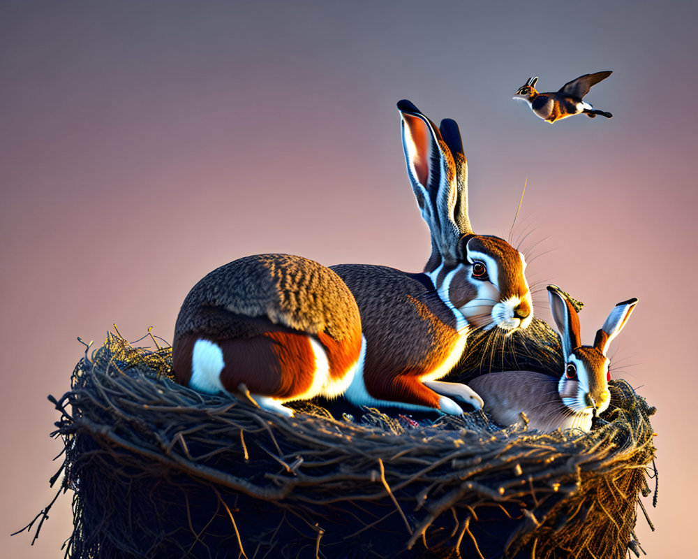 Stylized rabbits and bird in nest on warm gradient background