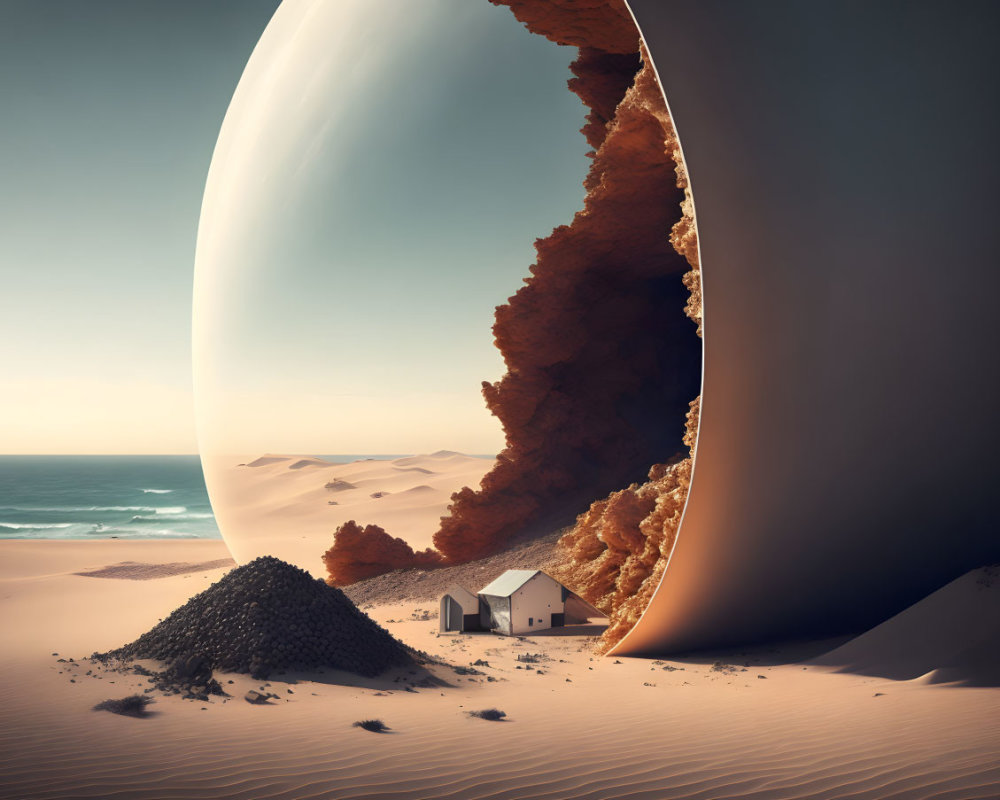 Surreal desert landscape with giant half-buried egg structure, beach, house, and rocks