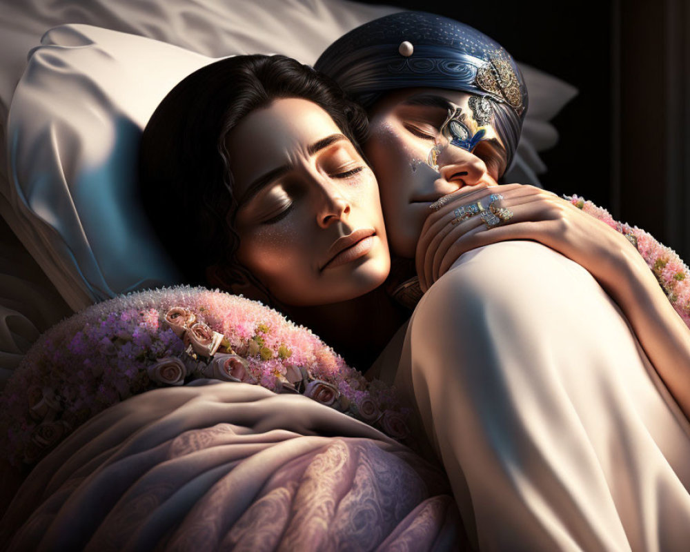 Embracing couple on bed with futuristic helmet and pink flowers