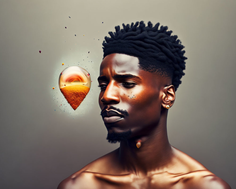 Young man with high-top fade and galaxy hourglass motif.