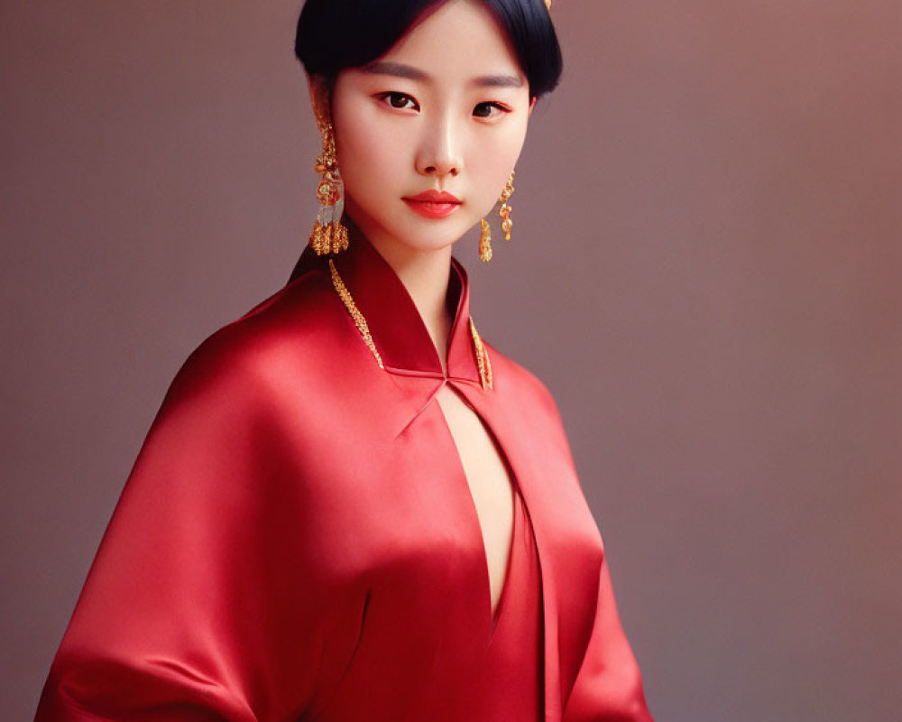 Traditional red gown with high collar and golden headpiece on woman in muted background