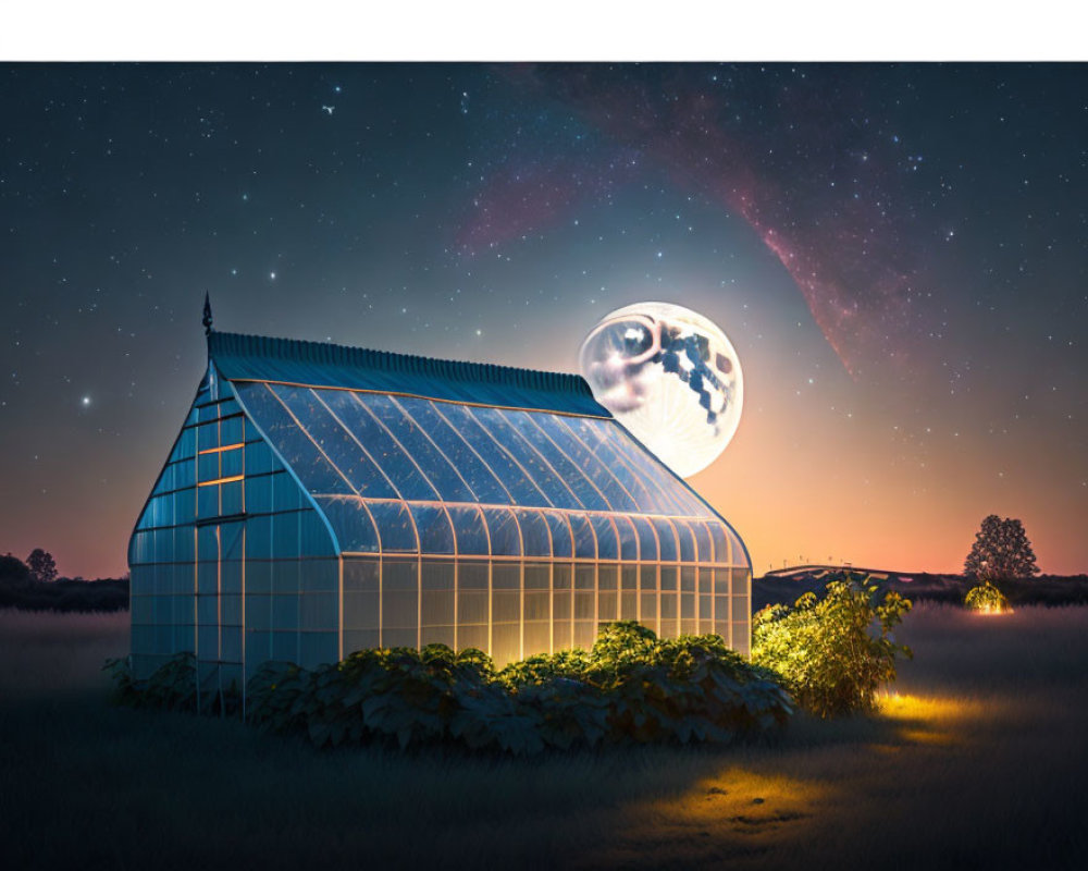 Greenhouse under starry sky with detailed moonrise