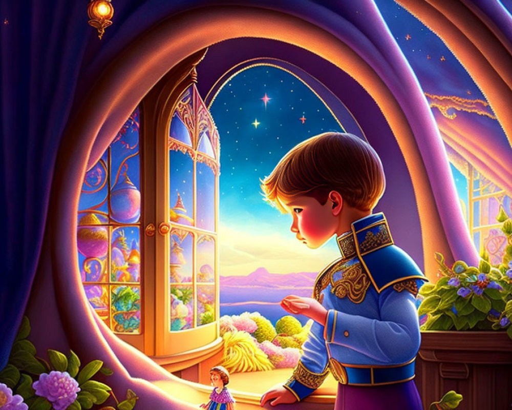 Young boy in royal uniform gazes at starry night sky in castle window scene.
