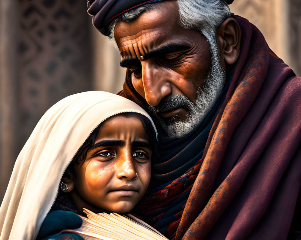 Elderly man and young girl in headscarves with book, looking pensive