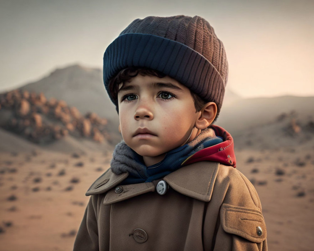 Young boy in brown coat and blue beanie standing in desert at dusk