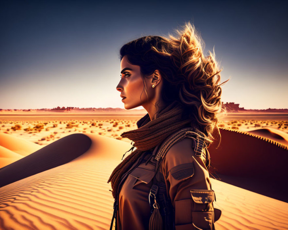 Woman with windswept hair in desert dunes at sunset