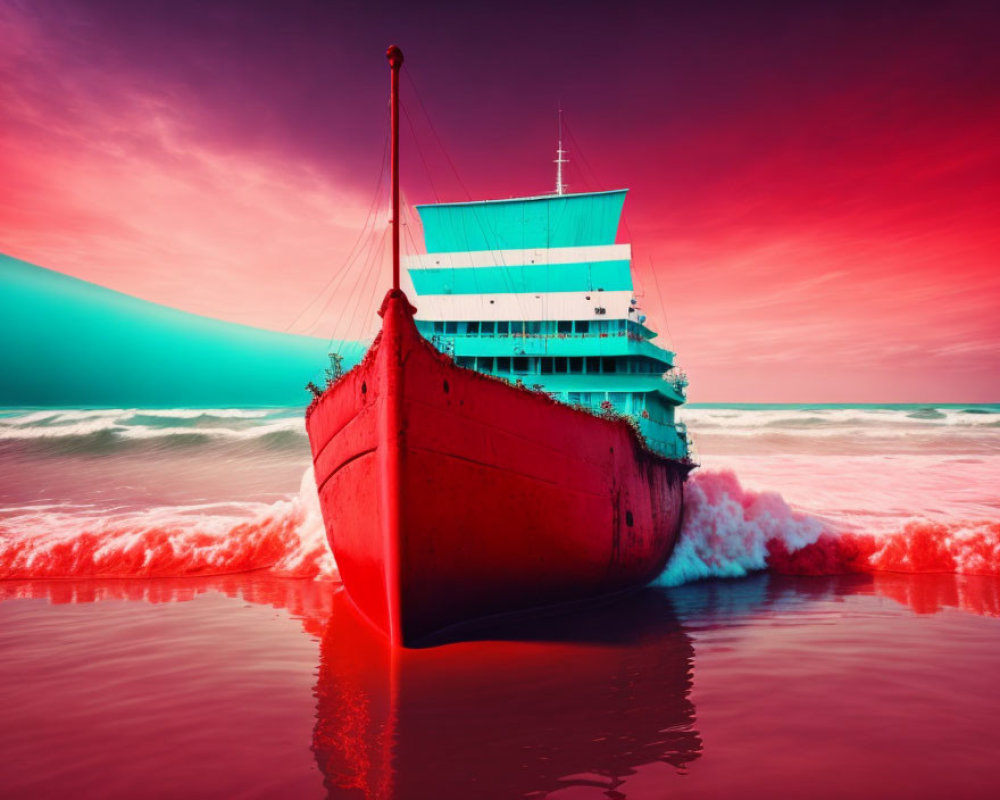 Large Red Ship Sailing on Turquoise Sea Under Pink Sky