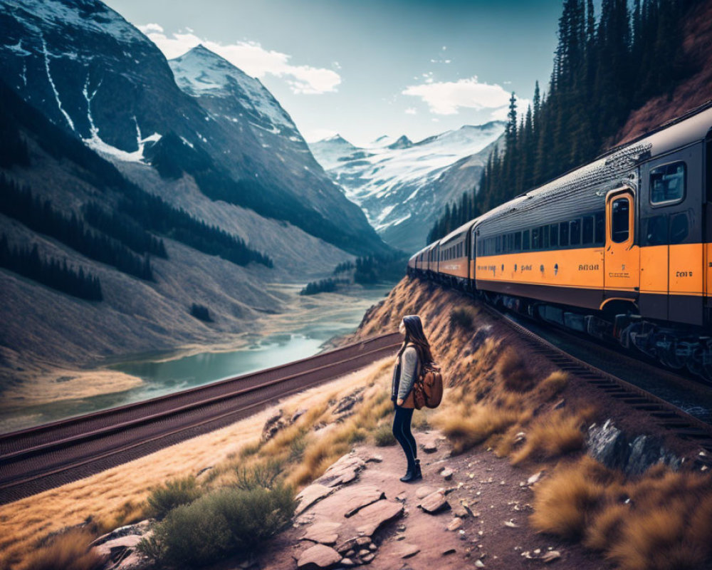 Person with backpack watching train pass in mountainous landscape