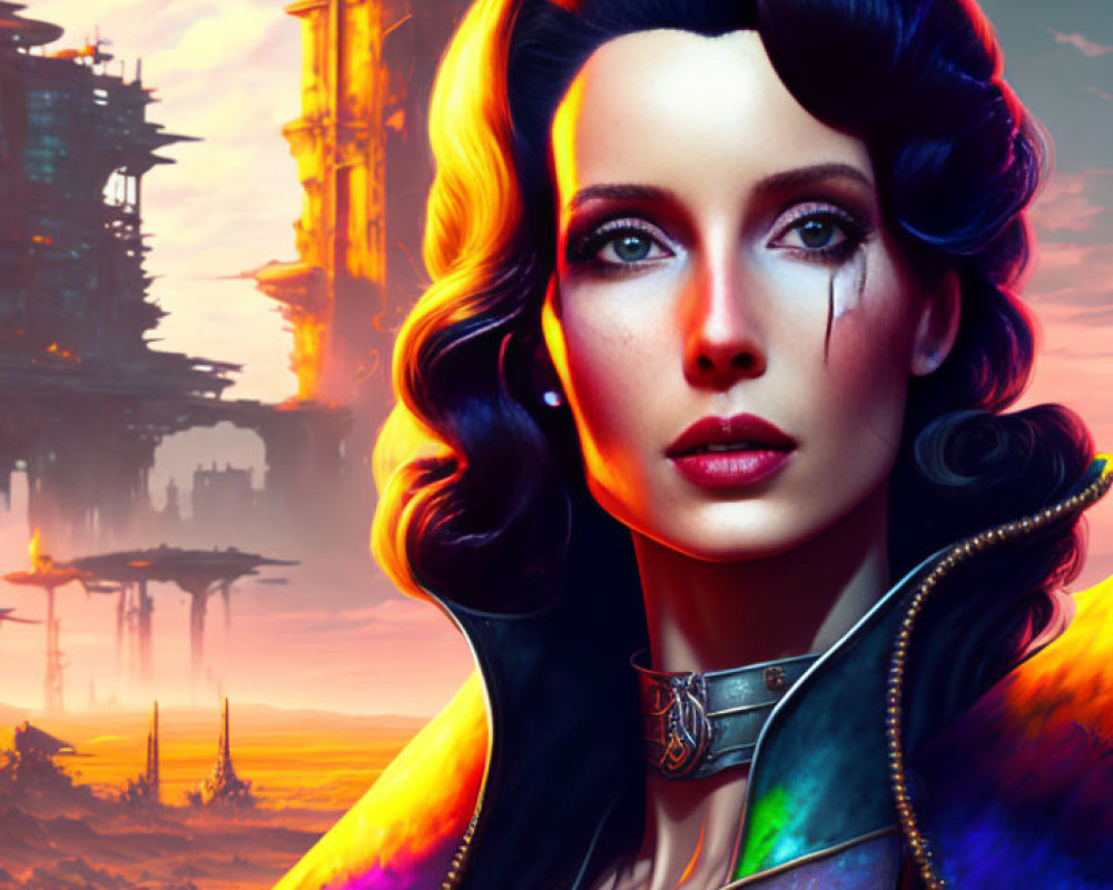 Vibrant digital artwork: Woman with wavy hair in futuristic setting