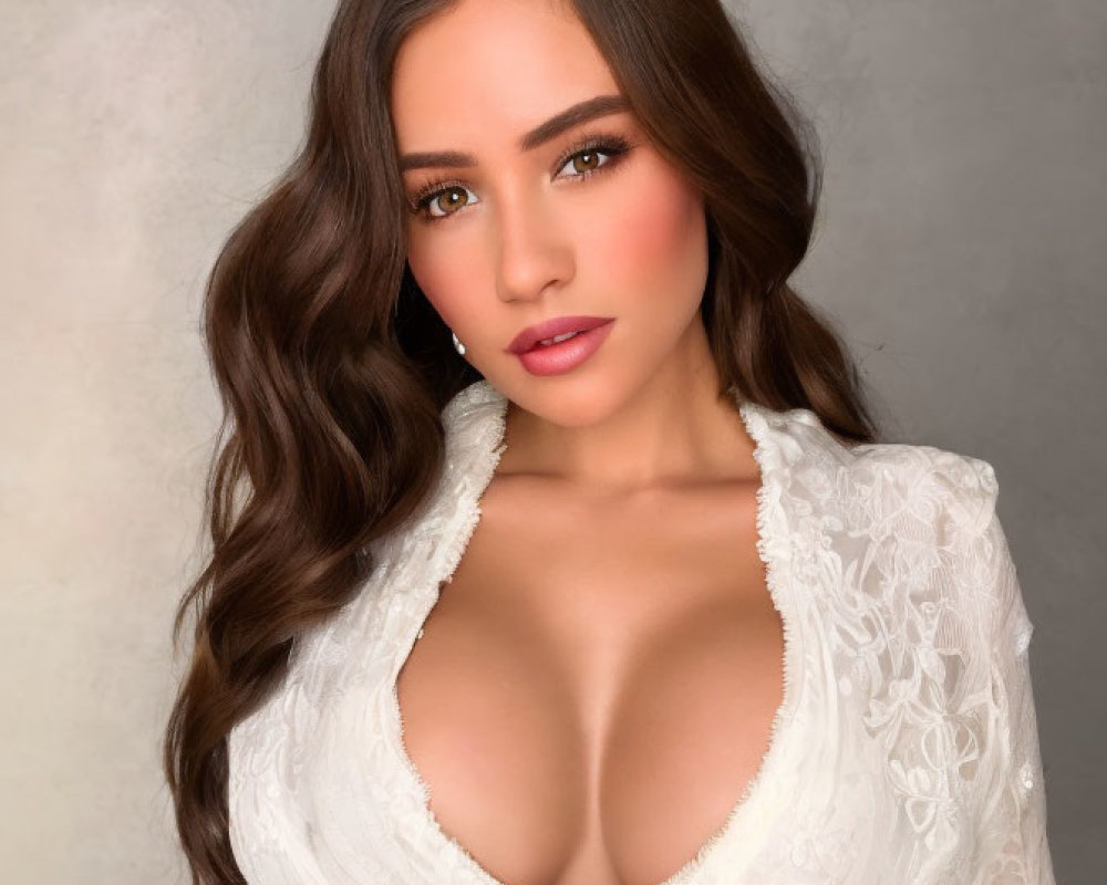 Brown-haired woman in white lace top against neutral backdrop