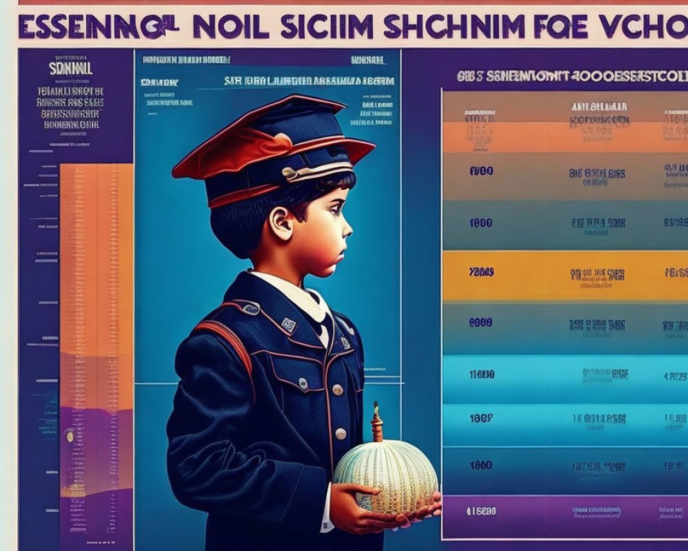 Vintage uniform child with caged bird and info-graphic backdrop