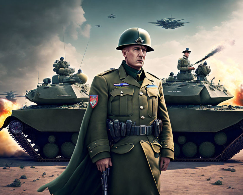 Military officer in green uniform with tanks and helicopters in action against dramatic sky