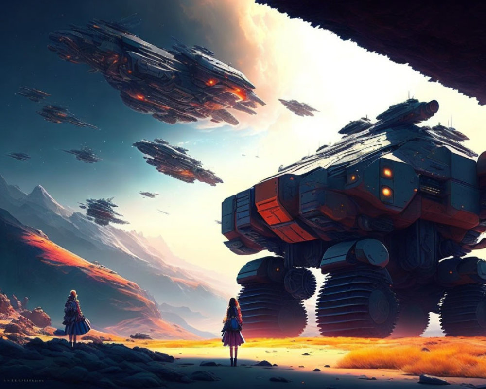 Futuristic vehicles and spaceships on rocky terrain under a vast sky