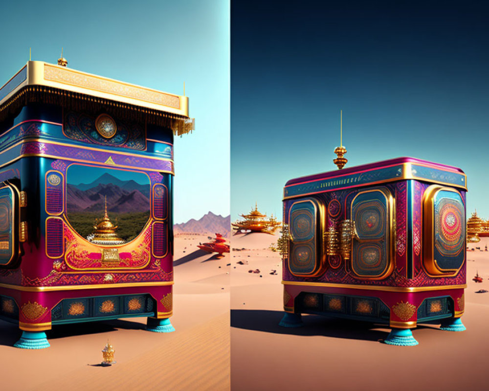 Surreal music box structures in desert landscape