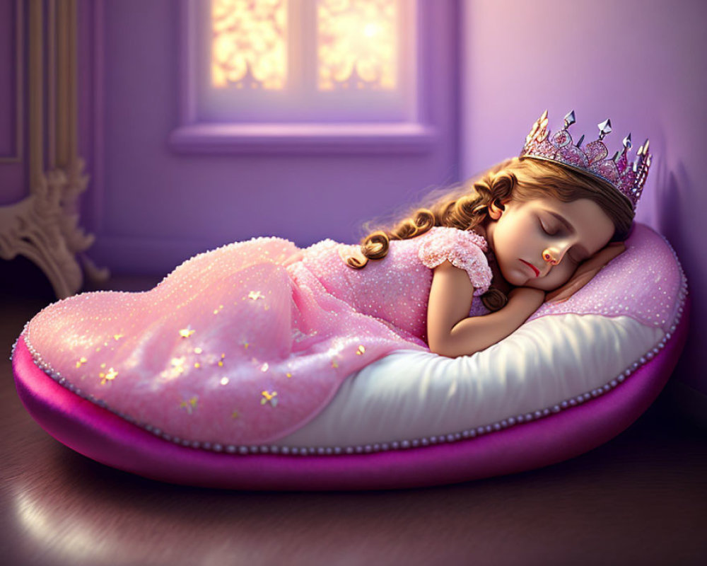 Young Girl Sleeping as Princess in Purple-Themed Room
