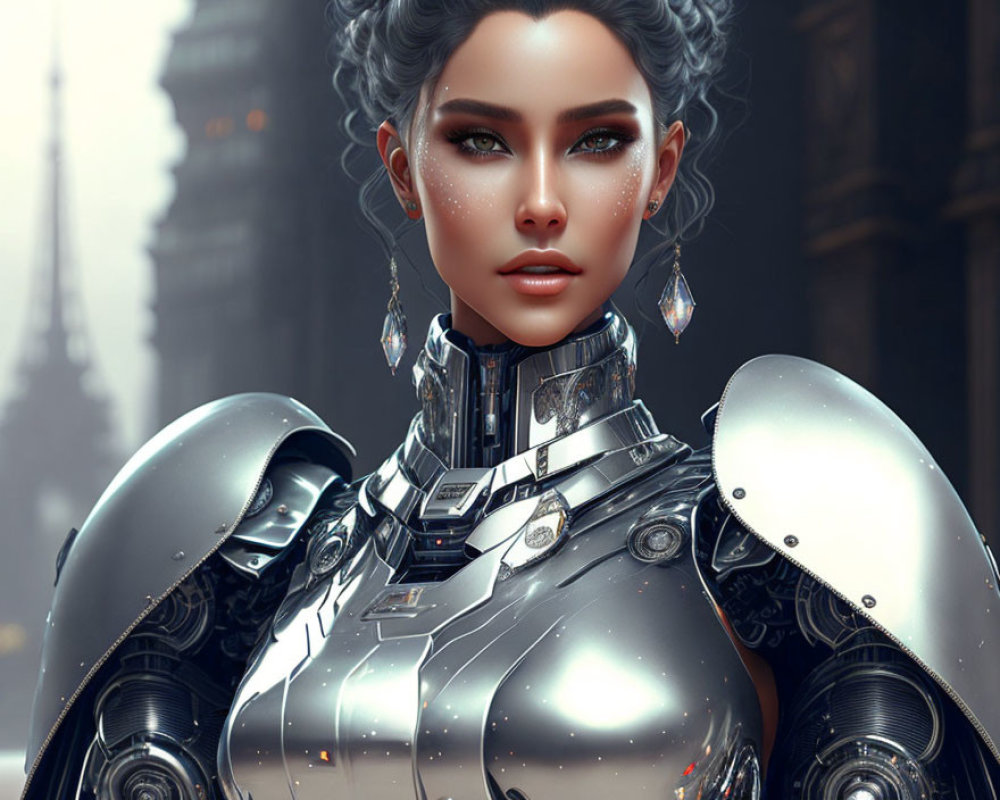 Futuristic digital artwork of woman in dark hair and armor against cityscape