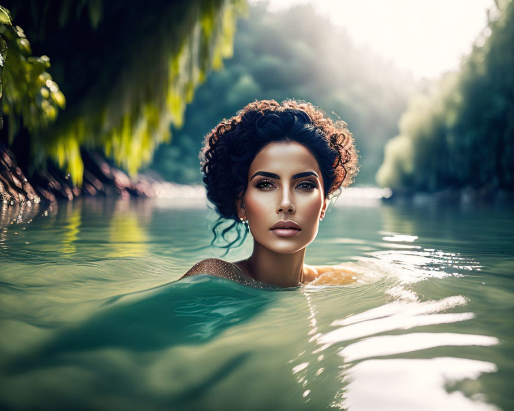 Curly-Haired Woman Floating in Tranquil Forest Lake