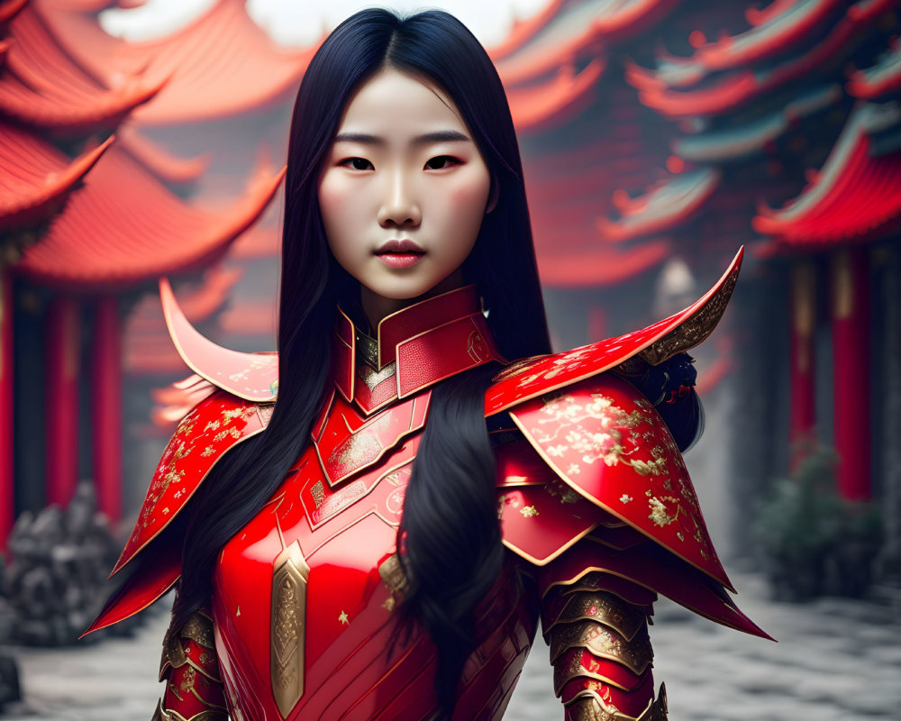 Confident woman in red and gold armor with Asian-style buildings.