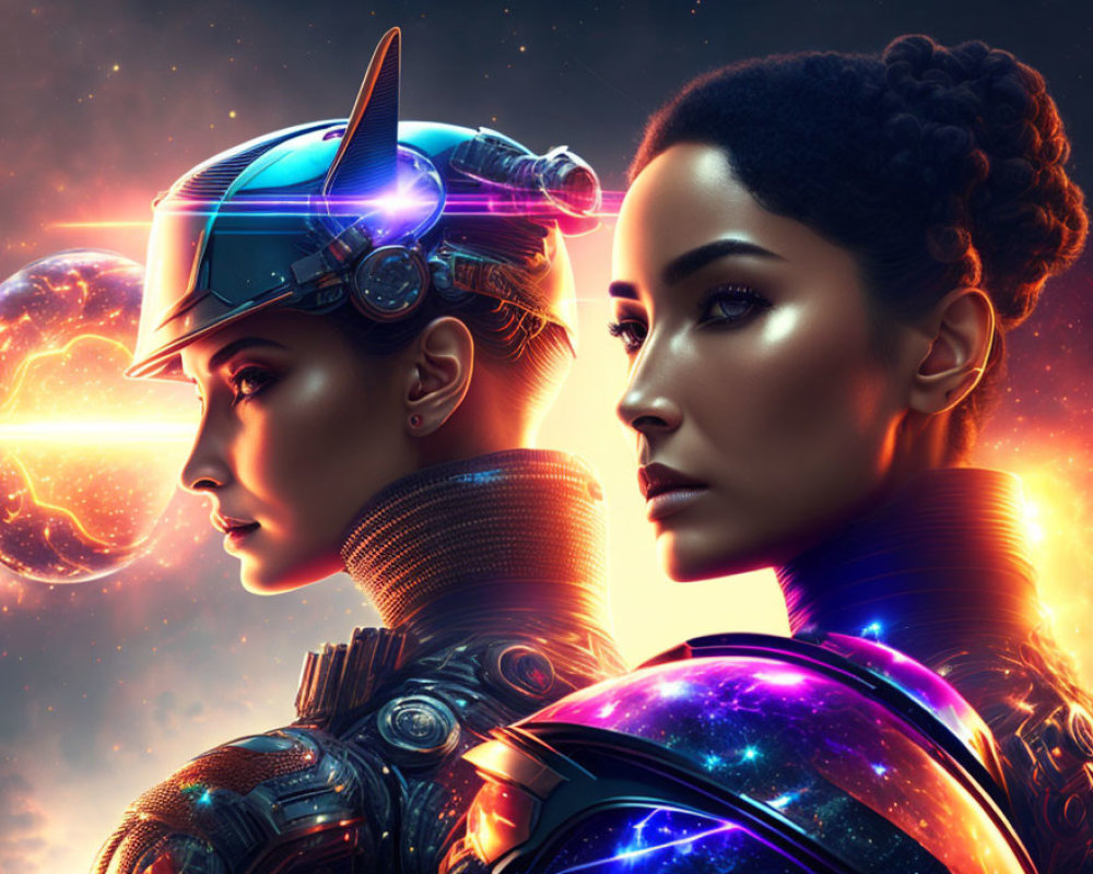 Futuristic warrior women in helmets against cosmic backdrop in orange and blue.