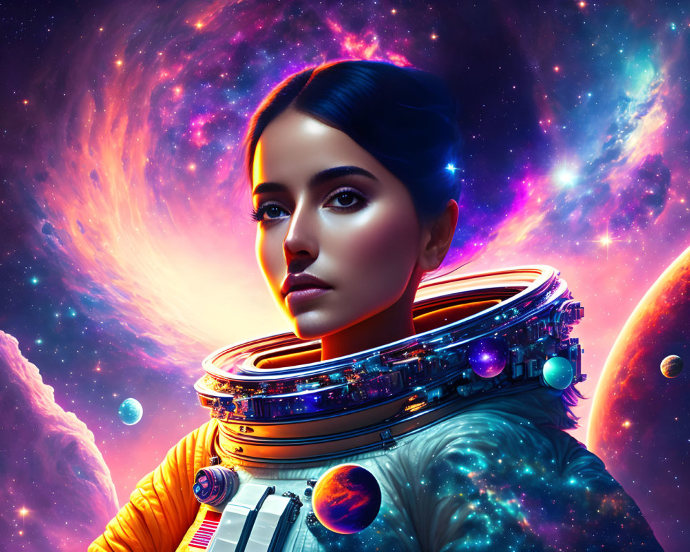 Digital Artwork: Woman Astronaut with Space Collar in Cosmic Setting