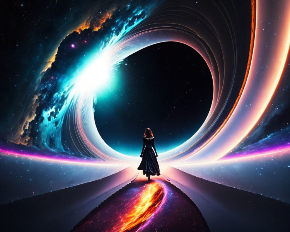 Person standing before surreal cosmic scene with bright swirling colors and celestial bodies