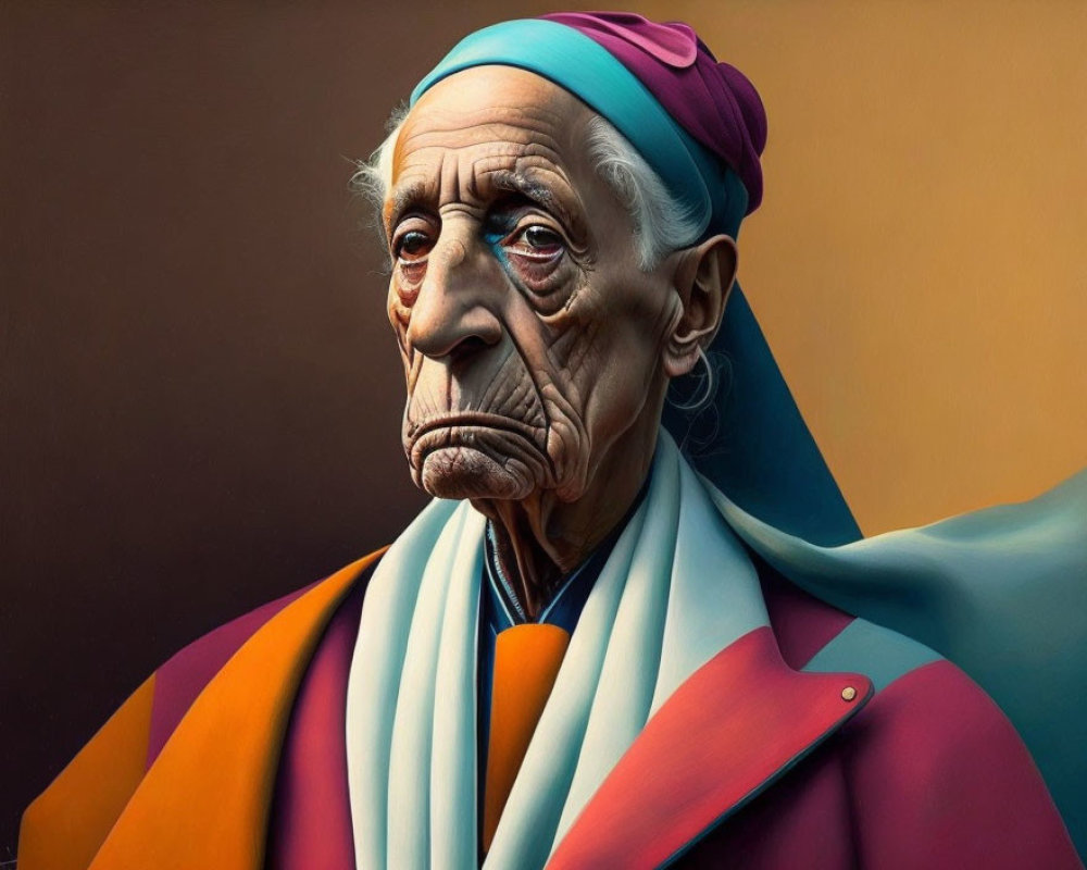 Elderly person with deep wrinkles in colorful turban and striped scarf