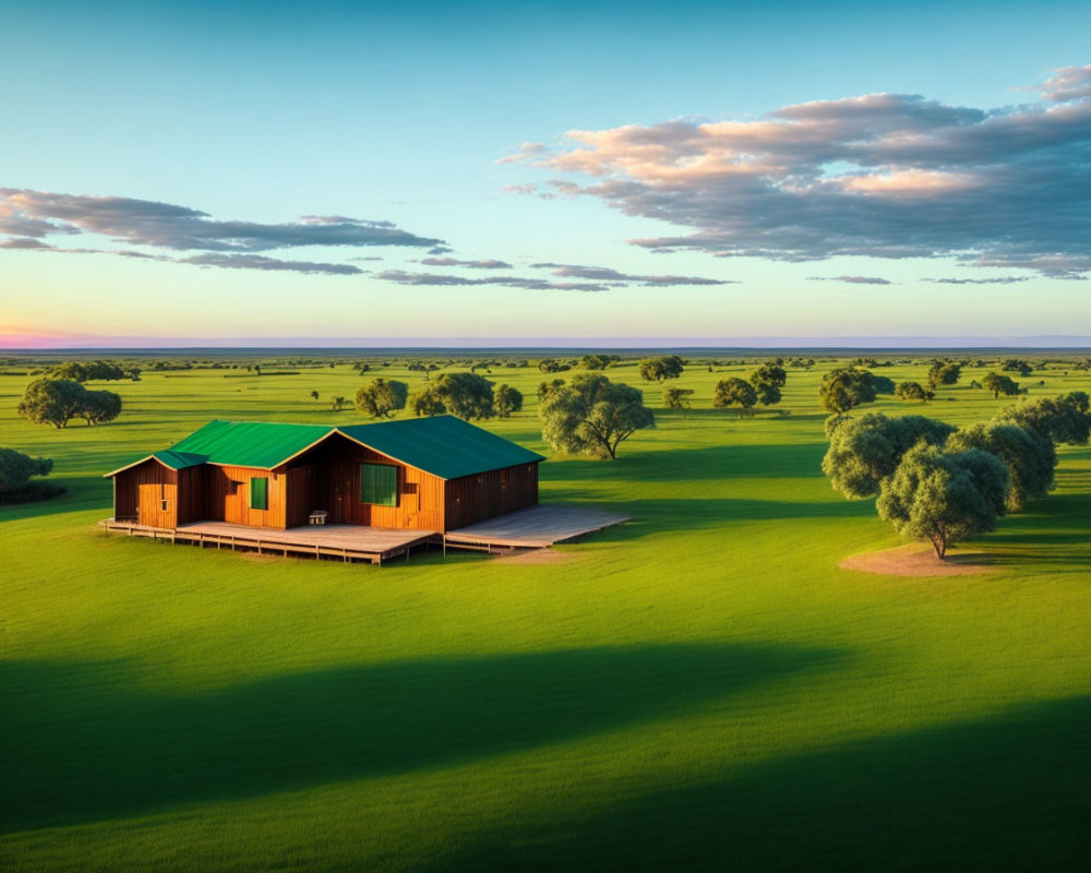 Tranquil sunset scene with house in lush greenery