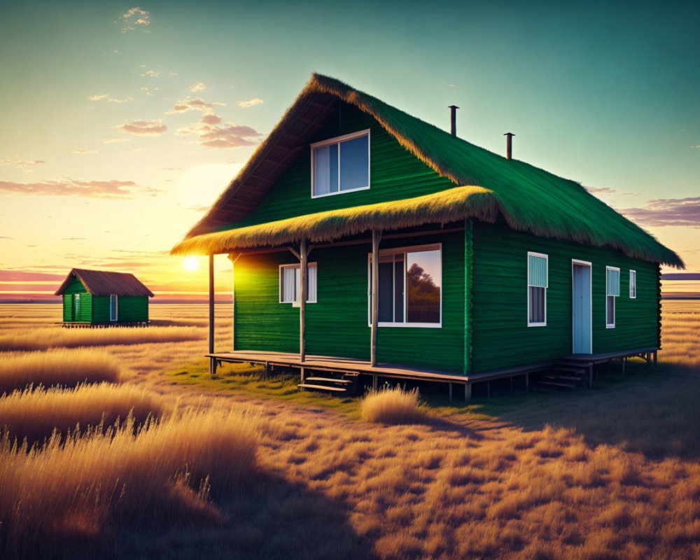 Green house with grass roof in golden field at sunset with distant structure and vast sky