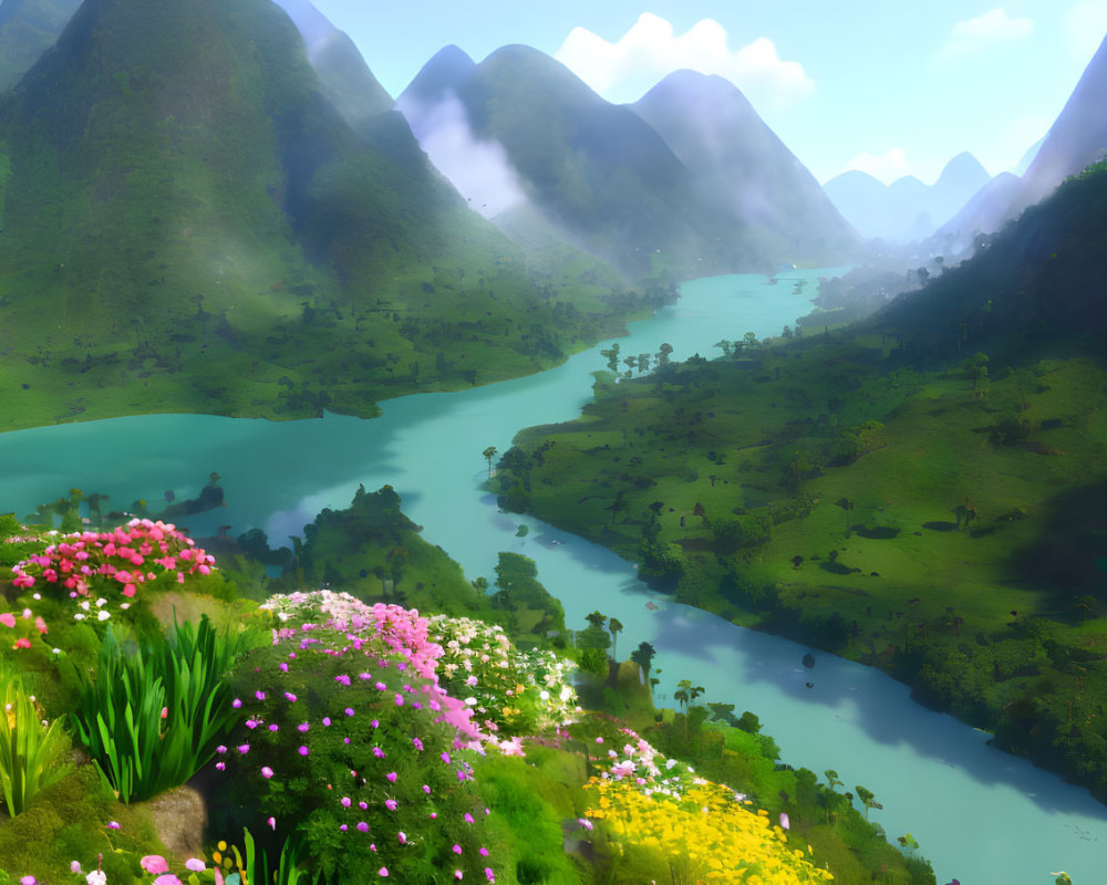 Scenic valley with winding river, green hills, and colorful flowers under misty sky