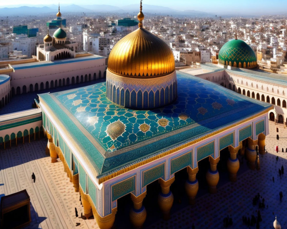 Grand Mosque with Blue and Gold Domes in Cityscape Aerial View