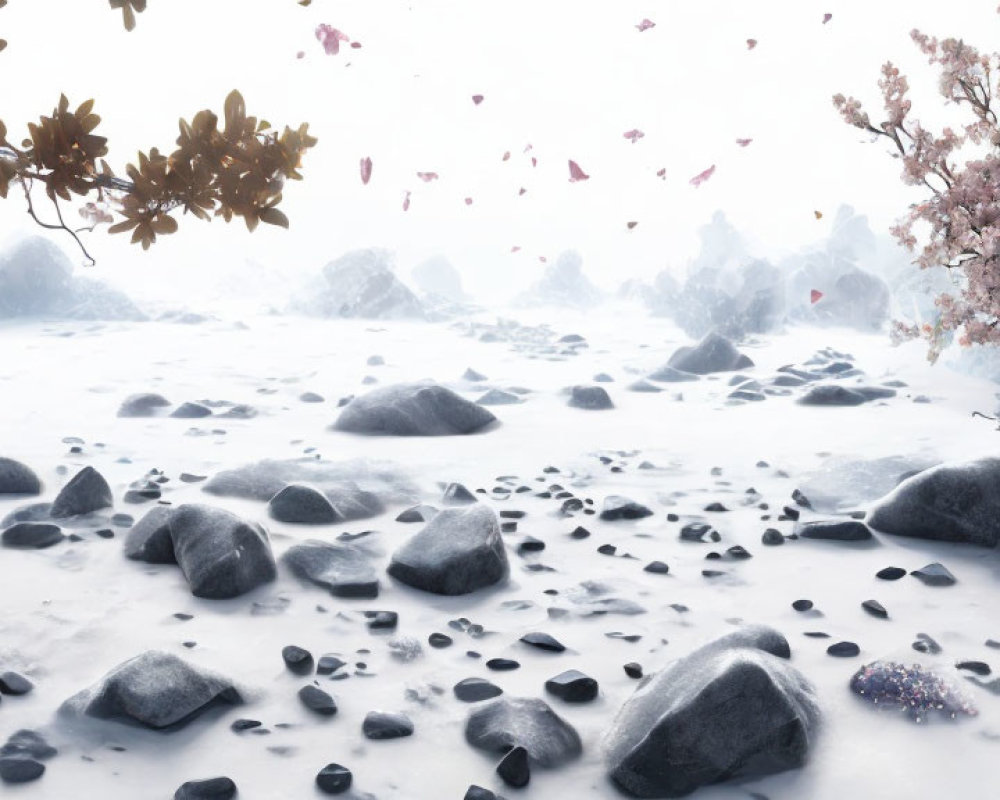 Snow-covered wintry landscape with cherry blossom tree and pink petals.