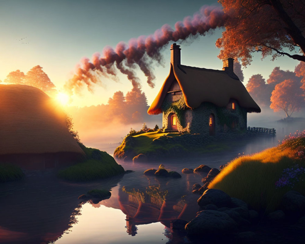 Riverside Thatched Cottage Sunset Scene